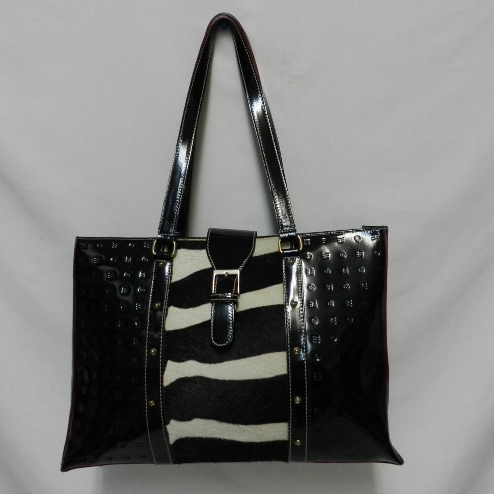 ARCADIA Patent Leather w/ Giraffe pony hair fur Large tote bag purse Italy studs